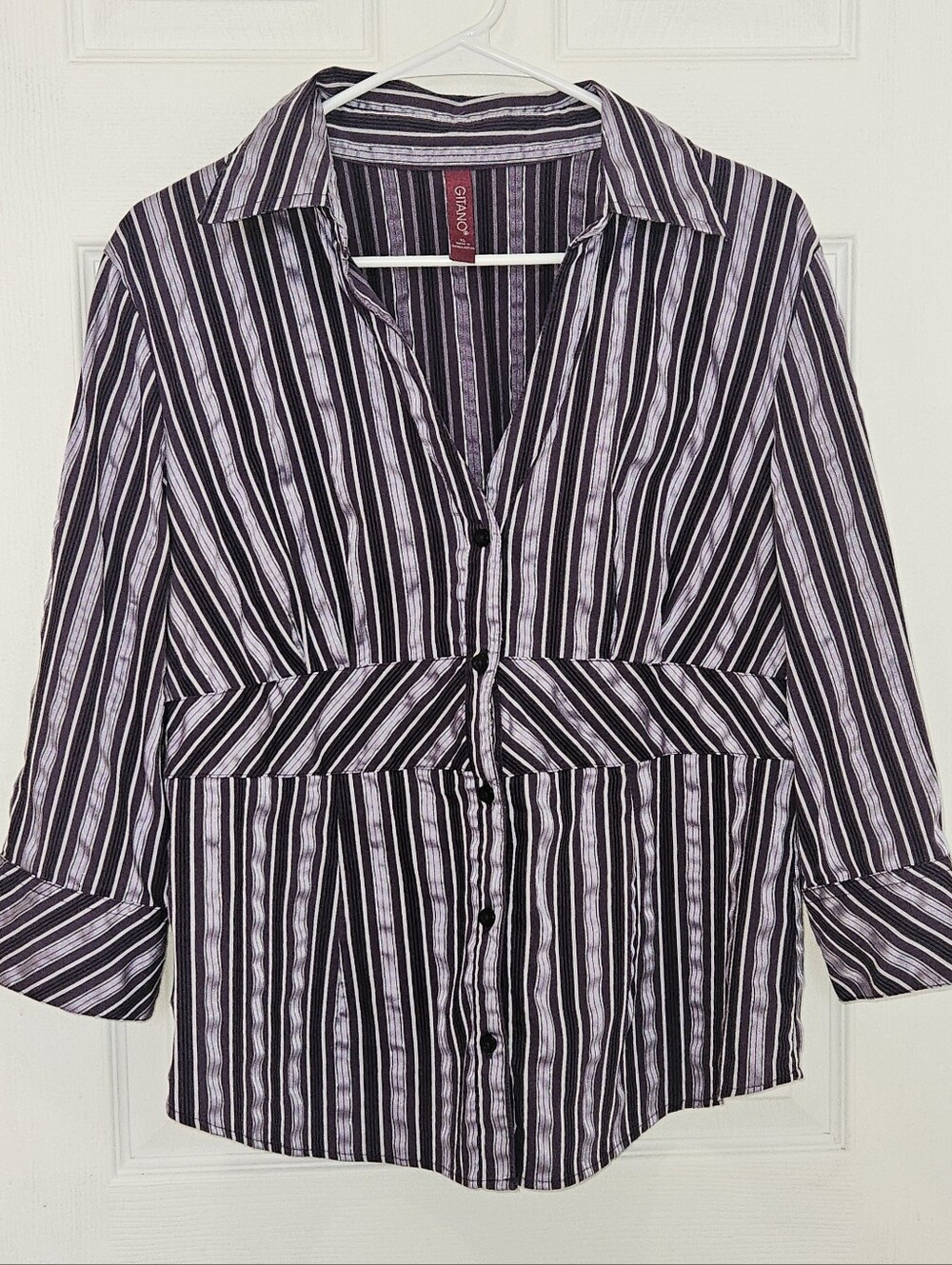 Gitano Black, White, & Purple Striped Button-Down Top